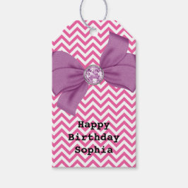 女の子らしいピンクのジグザグ柄ジュエルパープルのリボン誕生日 ギフトタグ