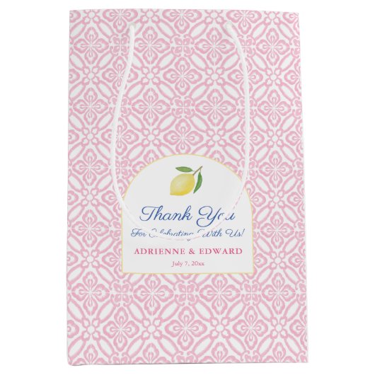 女の子らしいピンクのタイル イタリアン レモン ウェディング ウェルカム ミディアムペーパーバッグ (正面)