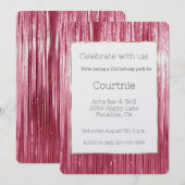 女の子らしいピンクのティンセルストライプ 21歳の誕生日 招待状 (正面/裏面)