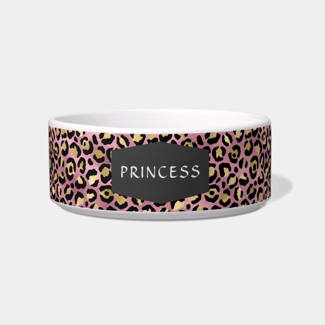 女の子らしいピンクのヒョウ柄ペットボウル ボウル (正面)