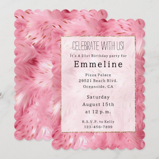女の子らしいピンクのフェイクファー 招待状 (正面/裏面)