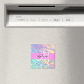 女の子らしいピンクのホログラフィック・虹色モノグラム名 マグネット (インサイチュ (食洗機))