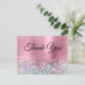 女の子らしいピンクのホログラムグリッターサンキュ― ポストカード (スタンド正面)