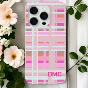女の子らしいピンクのマゼンタオレンジホワイトのチェックストライプ iPhone 15 PROケース