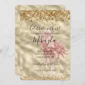 女の子らしいピンクのユニコーン ゴールドグリッター スパークル コンフェッティ 招待状 (正面/裏面)