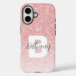 女の子らしいピンクのラメ スパークル モノグラム スクリプト 名前 iPhone 16ケース