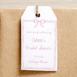 女の子らしいピンクの弓の境界 手描き ウェディングシャワー ギフトタグ