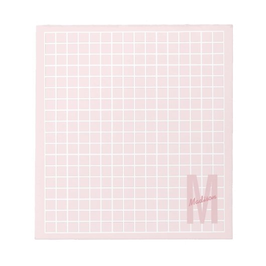 女の子らしいピンクの格子柄モノグラム 名前 ノートパッド (正面)