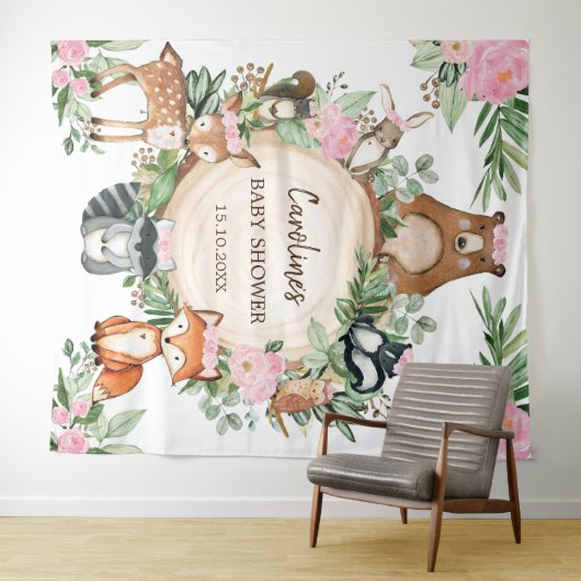 女の子らしいピンクの花と森林の赤ちゃんシャワー背景 タペストリー (インサイチュ(横))