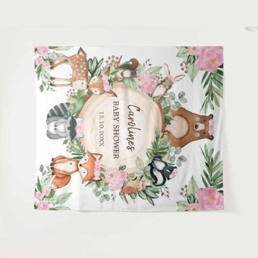女の子らしいピンクの花と森林の赤ちゃんシャワー背景 タペストリー (正面(横))
