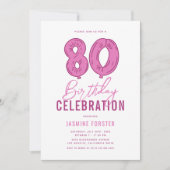 女の子らしいピンクの80歳の誕生日パーティー 招待状 (正面)