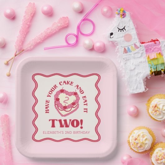 女の子らしいピンクの「ケーキを食べても消えない」2歳の誕生日 ペーパープレート (パーティー)