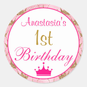 女の子らしいプリンセスホットピンクゴールドラメ1歳の誕生日 ラウンドシール