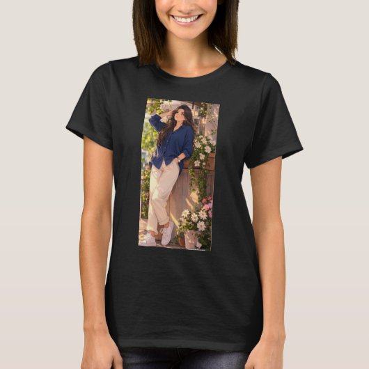 女の子らしいプリントが入った黒のTシャツ Tシャツ (正面)