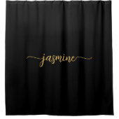 女の子らしいミニマルなブラックゴールドモノグラム名前スクリプト シャワーカーテン (正面)
