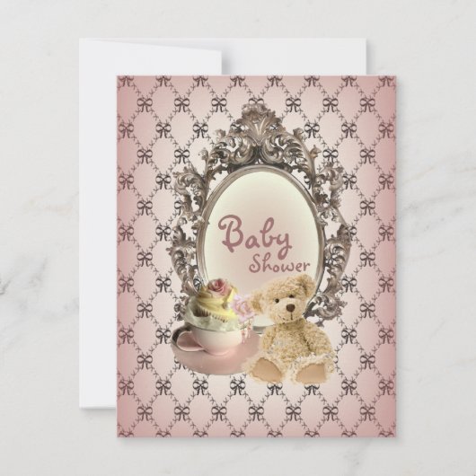 女の子らしいリボンのテディベアのベビーシャワーの招待状 招待状 (正面)