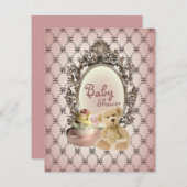 女の子らしいリボンのテディベアのベビーシャワーの招待状 招待状 (正面/裏面)