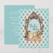 女の子らしいリボンのテディベアのベビーシャワーの招待状 招待状 (正面/裏面)