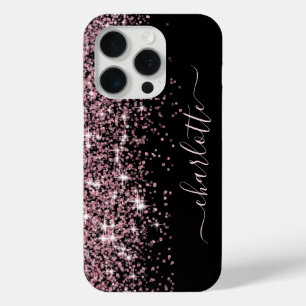 女の子らしい名前 スパークル ピンク グリッター 枠 黒 iPhone 15 PROケース
