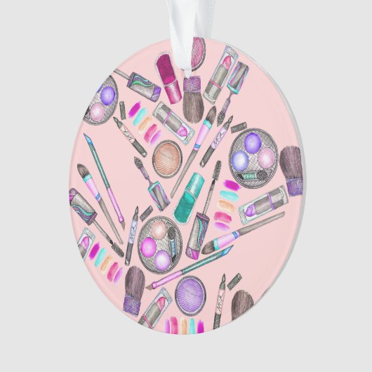 女の子らしい女の子のピンクの手塗りの水彩画の化粧 オーナメント (正面)