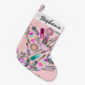 女の子らしい女の子のピンクの手塗りの水彩画の化粧 スモールクリスマスストッキング (正面 (吊り時))