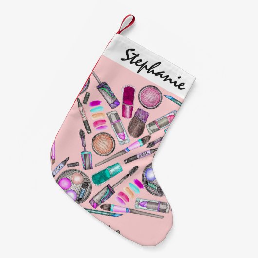 女の子らしい女の子のピンクの手塗りの水彩画の化粧 スモールクリスマスストッキング (正面 (吊り時))