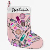 女の子らしい女の子のピンクの手塗りの水彩画の化粧 スモールクリスマスストッキング (正面)