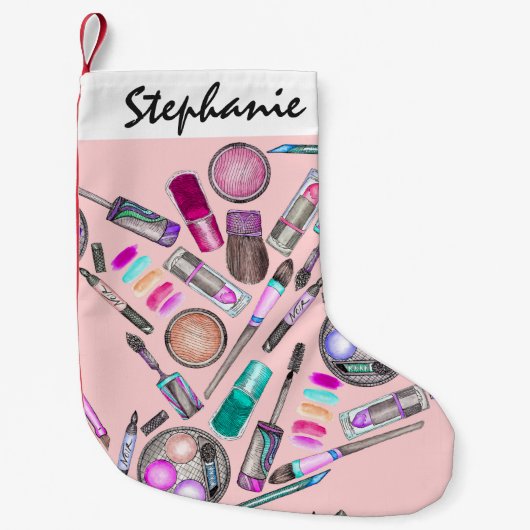 女の子らしい女の子のピンクの手塗りの水彩画の化粧 スモールクリスマスストッキング (正面)