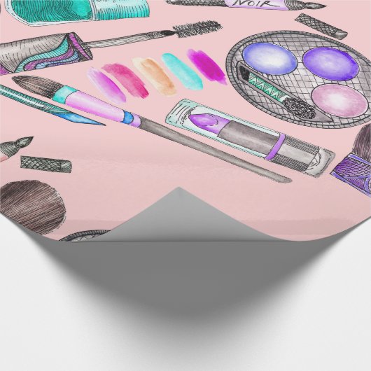 女の子らしい女の子のピンクの手塗りの水彩画の化粧 ラッピングペーパー (角)