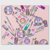 女の子らしい女の子のピンクの手塗りの水彩画の化粧 ラッピングペーパー (フラット)