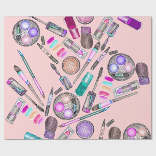 女の子らしい女の子のピンクの手塗りの水彩画の化粧 ラッピングペーパー (フラット)