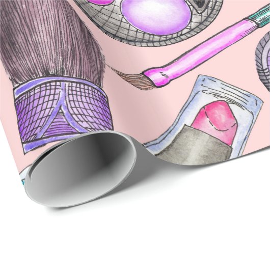 女の子らしい女の子のピンクの手塗りの水彩画の化粧 ラッピングペーパー (ロールコーナー)