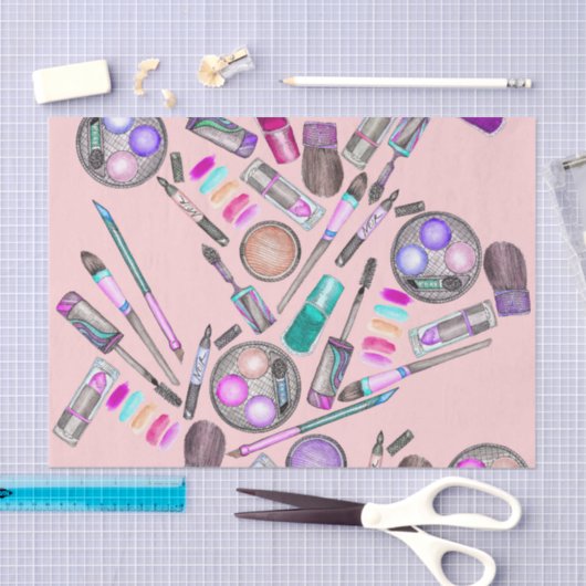 女の子らしい女の子のピンクの手塗りの水彩画の化粧 薄葉紙 (クラフト)