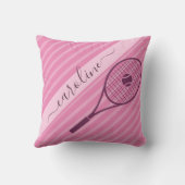 女の子らしい女の子ストライプのピンクテニスラケット&ボールカワイイ クッション (裏面)