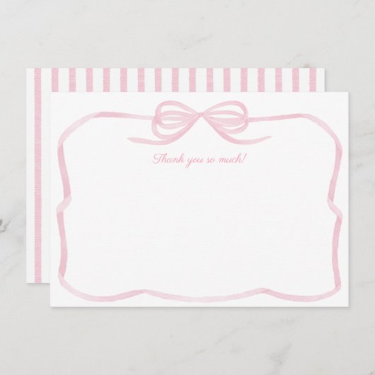 女の子らしい水彩ピンクのボウブライダルシャワー サンキューカード (正面/裏面)