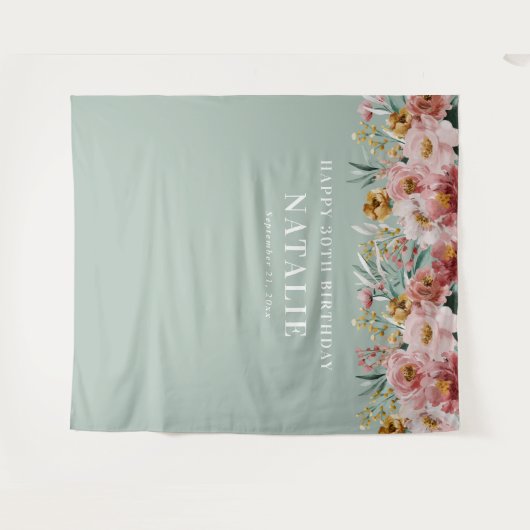 女の子らしい水彩花の30歳誕生日青シックなデザイン タペストリー (正面(横))