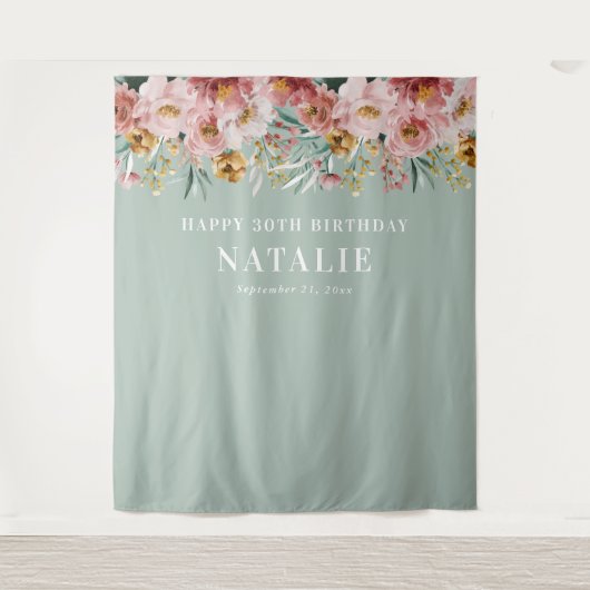 女の子らしい水彩花の30歳誕生日青シック タペストリー (正面)
