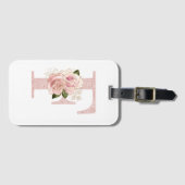 女の子らしい淡いペルシャピンクゴールドのグリッター花モノグラムF ラゲッジタグ (正面横)