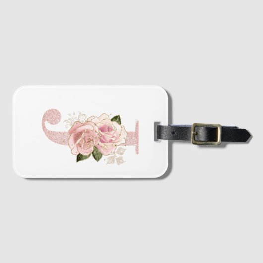 女の子らしい淡いペールローズゴールドのグリッター花モノグラムJ ラゲッジタグ (正面横)