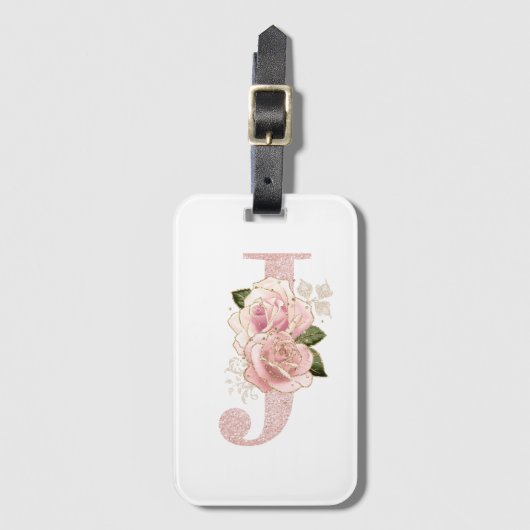 女の子らしい淡いローズゴールドのグリッターが花のモノグラム「J」 ラゲッジタグ (正面縦)
