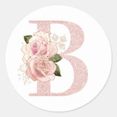 女の子らしい淡いローズゴールドのグリッター花モノグラムB ラウンドシール (正面)