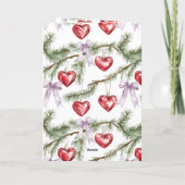 女の子らしい紫のリボンが飾られたクリスマスツリーの枝 ハート カード (裏面)