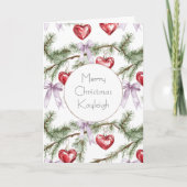 女の子らしい紫のリボンが飾られたクリスマスツリーの枝 ハート カード (正面)