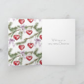 女の子らしい紫のリボンが飾られたクリスマスツリーの枝 ハート カード (内部)