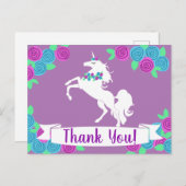 女の子らしい花とユニコーンのありがとうカード ポストカード (正面/裏面)