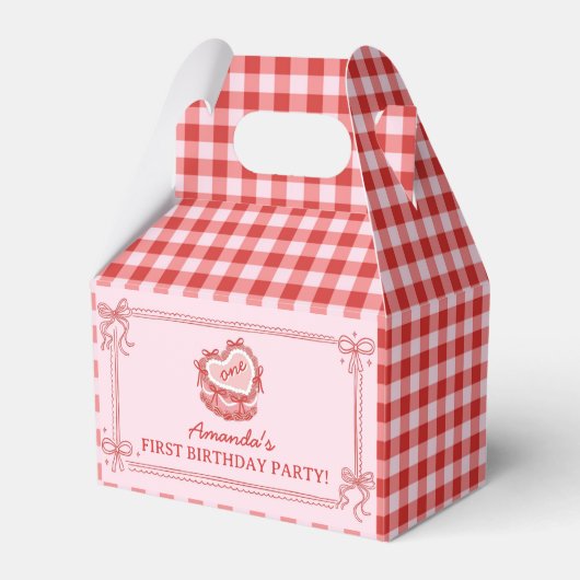女の子らしい赤とピンクのリボンのケーキのバースデー記念品ボックス フェイバーボックス (正面サイド)
