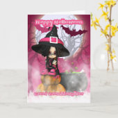 女の子らしい魔法使いを持つひ孫娘ハロウィン カード (黄色い花)