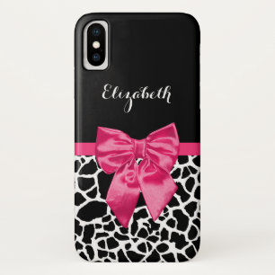 女の子らしい黒キリン動物プリントかわいいホットピンクリボン iPhone X ケース