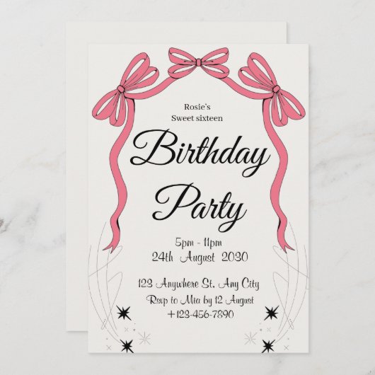 女の子らしい かわいい グリッター ピンクの誕生日 招待状 (正面/裏面)