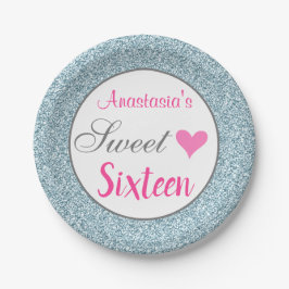 女の子らしい+きらめくピンクと薄い青のラメで可愛いSweet Sixteen ペーパープレート